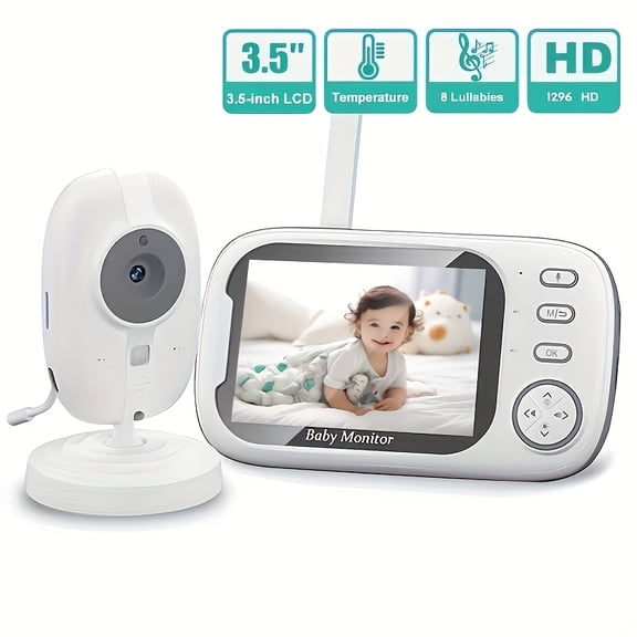 3.5" LCD Baby Monitor, 1296P HD, Auto Night Vision, VOX Mode, Two-Way Audio, Cry Detection, Temp Sensor, 8 Lullabies, Wireless USB-Powered