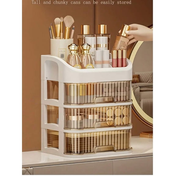 3/5  Layer Expandable Makeup Organizer, Stackable Cosmetic Storage Box For Countertop, Multi-Compartment Display Case For Makeup Brushes, Lipstick, Skincare Products, Plug-In Design, Fragrance-Free