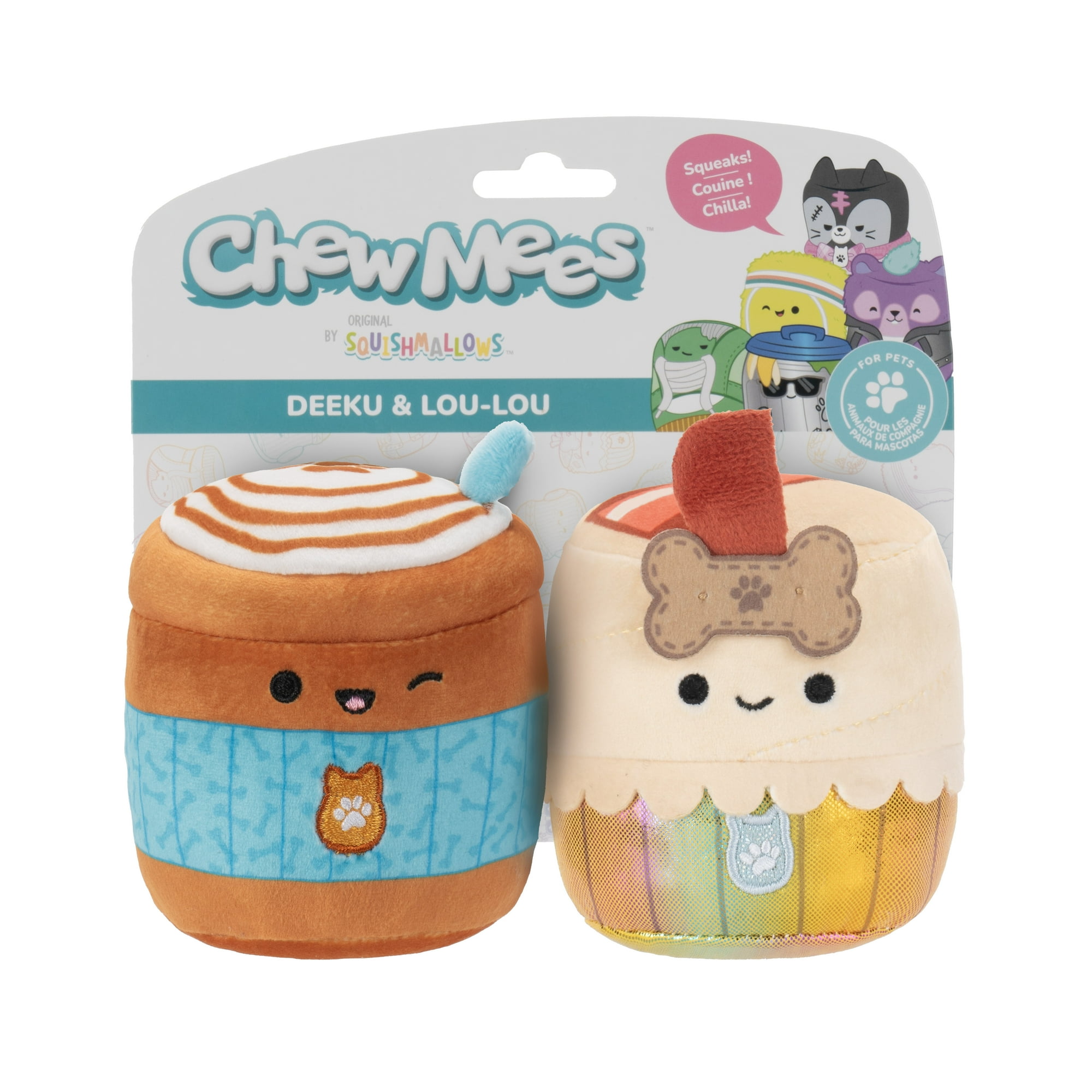 3.5 inch Deeku Pup Latte + Lou-Lou Bacon Cupcake Chew Mees by Original Squishmallows Pet Toy 2-Pack