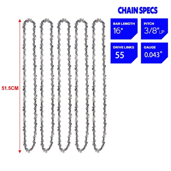 3/5 Pack 16 Inch Chainsaw Chain Saw Blade Replacement 55 DL Drive Links 3/8" LP Pitch 0.043" Gauge Semi Chisel Garden Tool