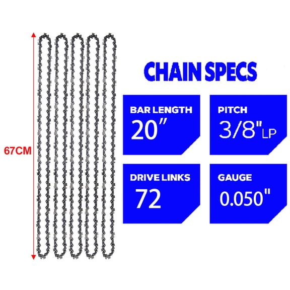 3/5 Pack 20 Inch Chainsaw Chain 72DL Drive Links 0.050" Gauge 3/8" LP Pitch Semi Chisel Saw Blade Replacement Garden Tool