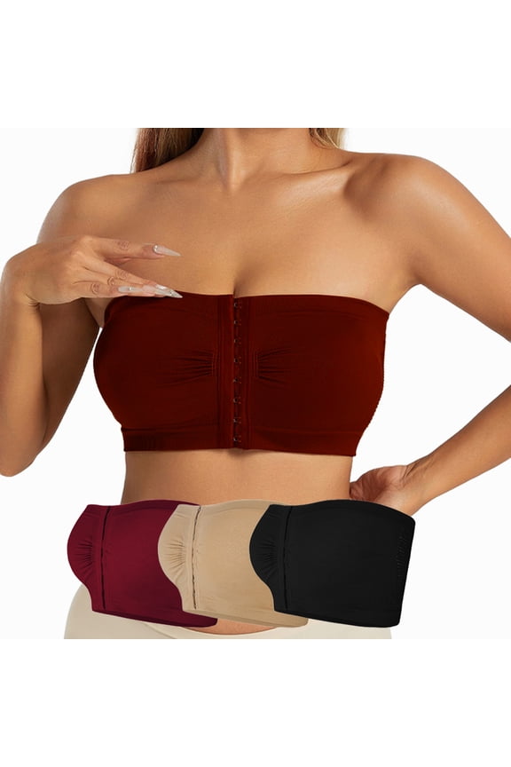 3/5 Pack Women's Plus Size Strapless Front Closure Bras, Wirefree Bandeau Bra Everyday Bras Bralettes Seamless Bralette Tube Top, 1XL-6XL