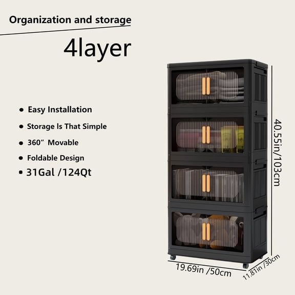 3-5 Tier Collapsible Stackable Storage Locker - Double Door Bin with 360° Lockable Wheels | All-Purpose Organizer for Home Office Dorm Garage Gym
