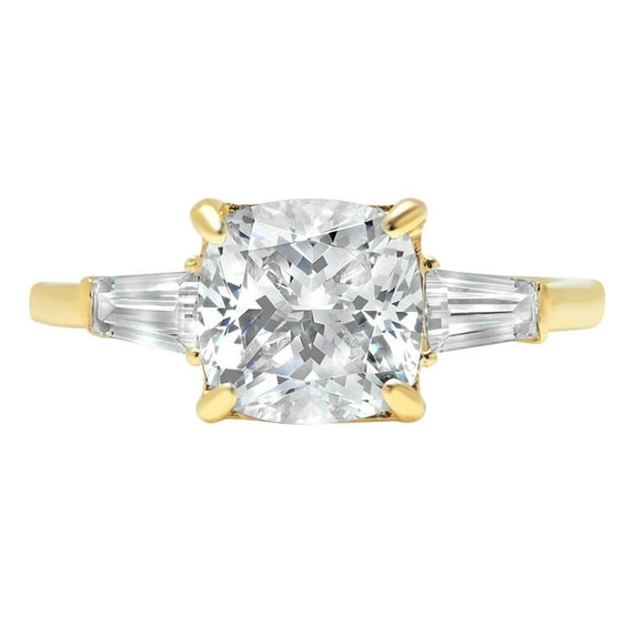 3.5 ct Cushion Cut Real Genuine Natural Diamond VS1-VS2 G-H 14K Yellow Gold Three-Stone Promise Wedding Statement Engagement Designer Ring W/ Crystal side stones size 9.5
