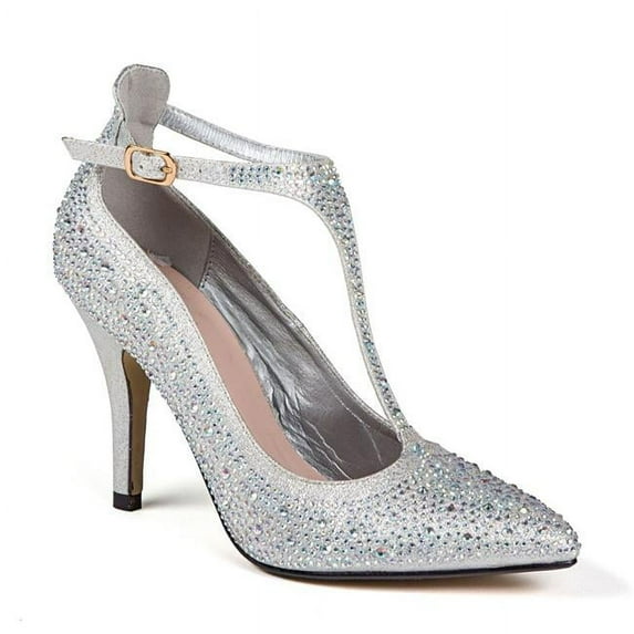 3.5 in. Heel & T-Strap Dressy Pump Shoes with Rhinestones, Silver - Size 41