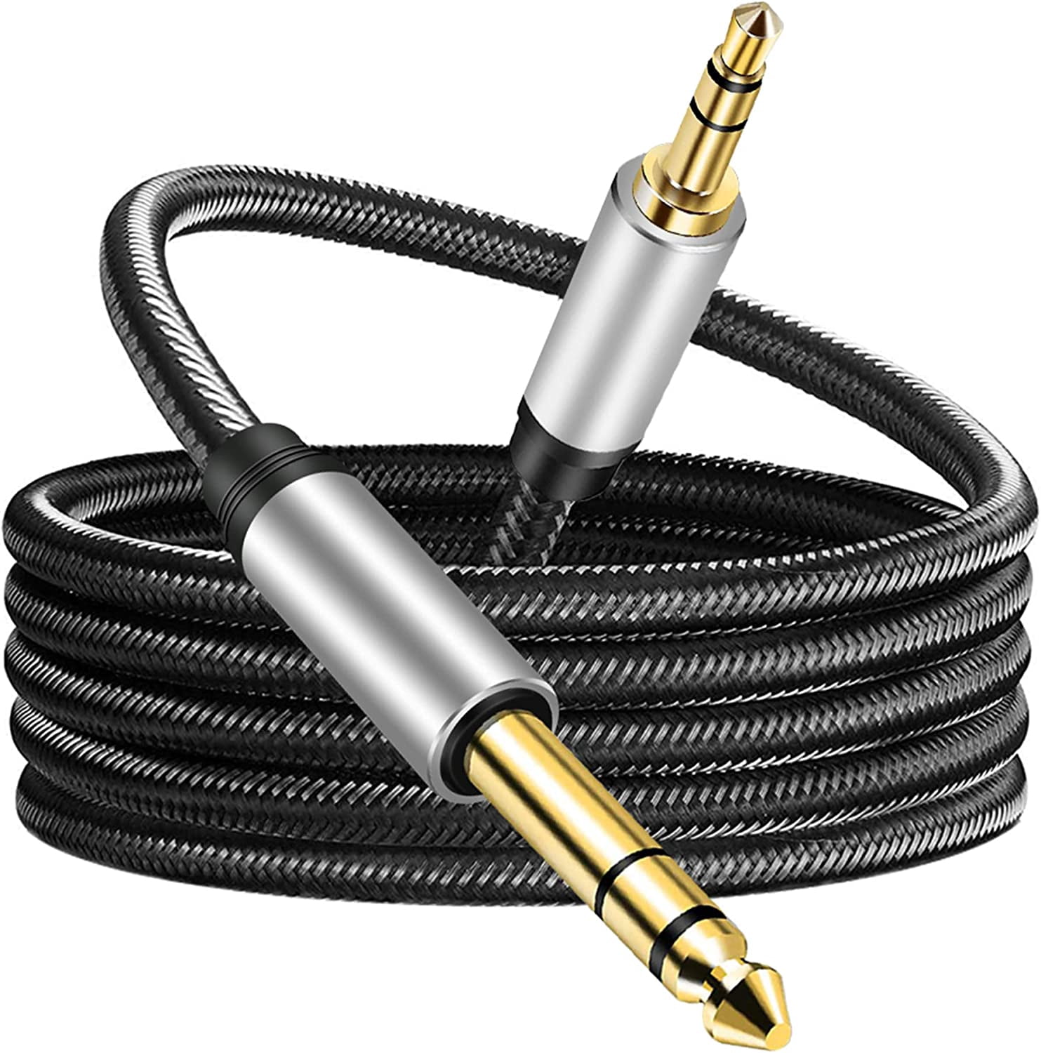 3.5 mm to 6.35 Audio Cable 10Ft, Gold-Plated Terminal Silver Color Zinc Alloy Housing 3.5mm 1/8" Male TRS 6.35mm 1/4" Nylon Braided Stereo for CellPhone, Amplifiers(10Ft/3M)