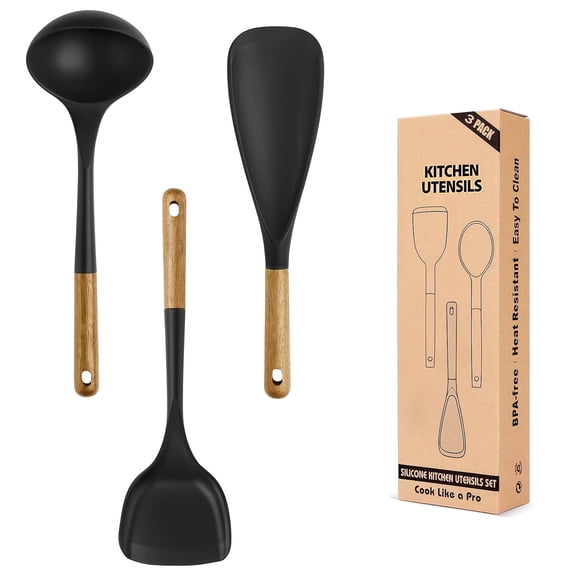 3/5-pc Silicone with Wood Handle Cooking Utensil Set