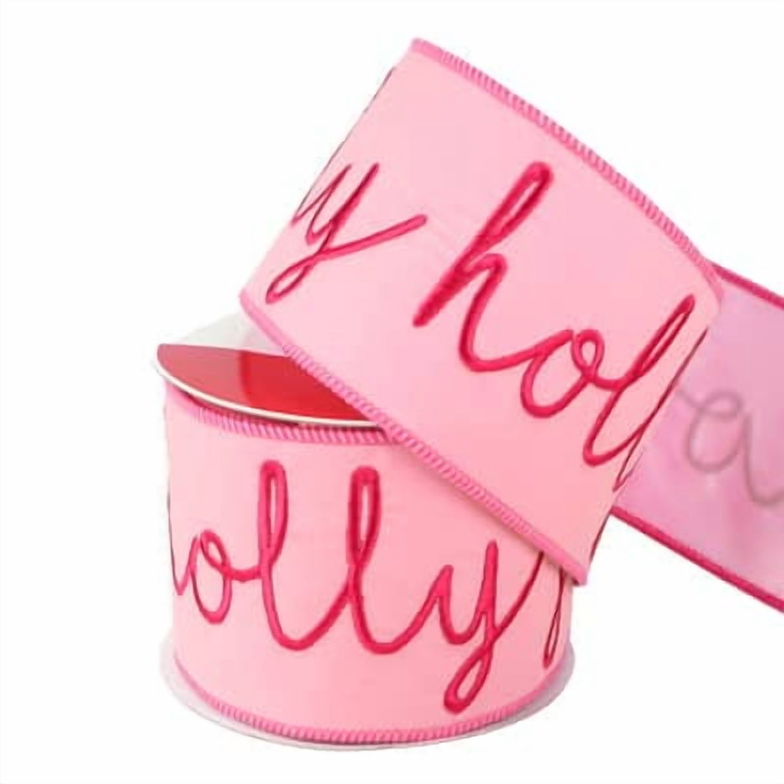 3.5" x 15ft. Pink Holly Jolly Wired Flocked Ribbon by Celebrate It - Holiday and Christmas Ribbon for Crafts - Giftwrap - and Decor