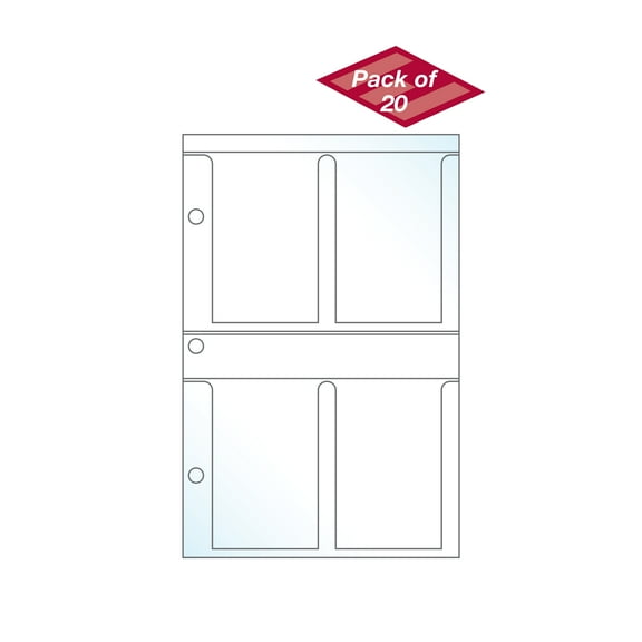 3.5" x 2" Mini Four Pocket Business Card Pages, Fits UniKeep Mini Binders, Pack of 20 - Made in USA