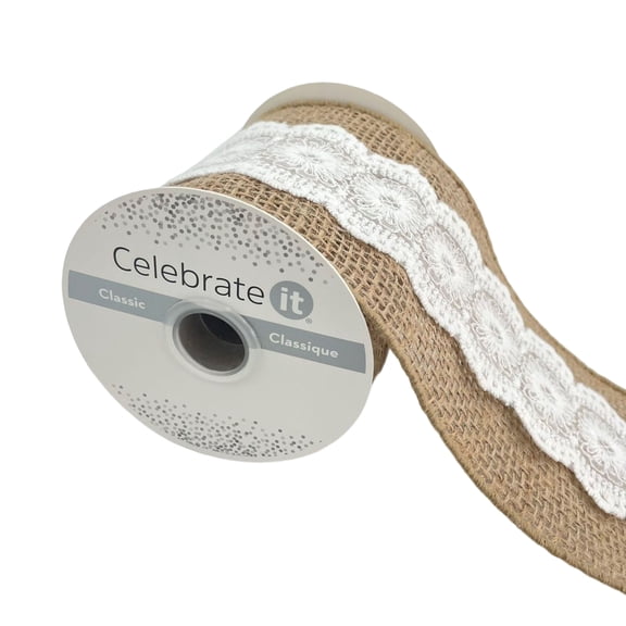 Celebrate It 3.5" x 2yd Natural Lace Burlap Ribbon - Rustic Jute with White Lace Trim, Non-Wired, Ideal for Crafts & Decor Accents, 12 Pack