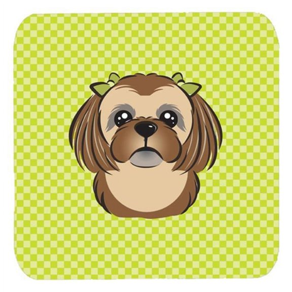 3.5 x 3.5 In. Checkerboard Lime Green Chocolate Brown Shih Tzu Foam Coasters, Set Of 4