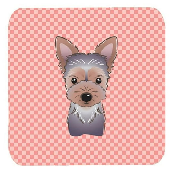 3.5 x 3.5 In. Checkerboard Pink Yorkie Puppy Foam Coasters, Set Of 4