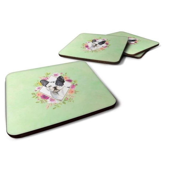 3.5 x 3.5 in. Black & White Frenchie Green Flowers Foam Coaster - Set of 4