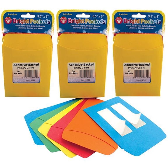 3.5 x 4.875 in. Self Adhesive Library Pressure Sensitive Pockets, Multicolor - 30 per Pack - Pack of 3
