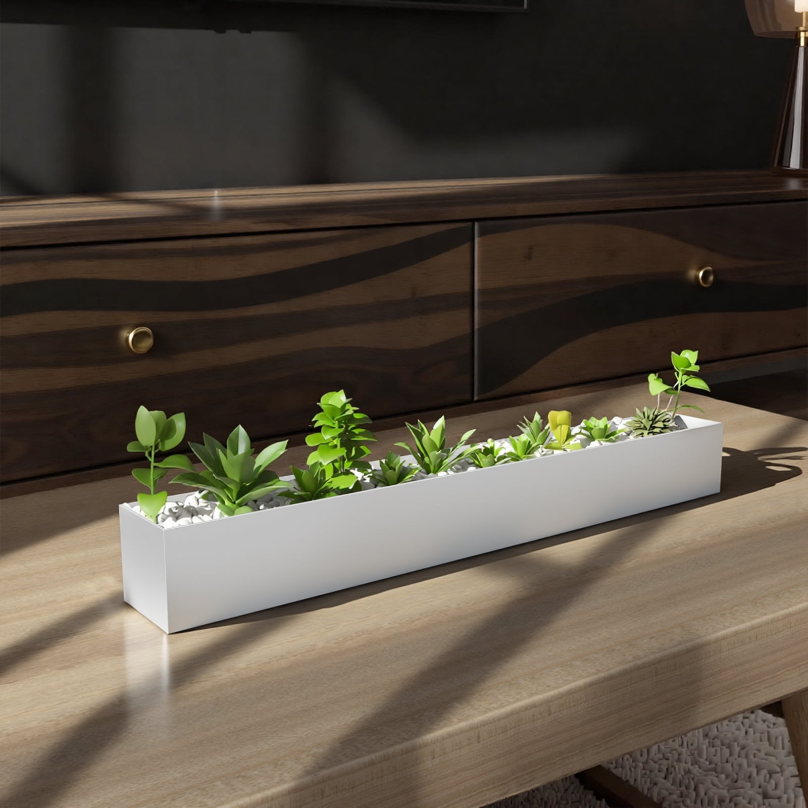 3.5"x3.25"x32" Planter Box with 4 Rubber Mats Trough Planter Pots Succulent Planters Window Sill Table Galvanized Steel Rectangle Durable for Small Herb with Drainage Hole Indoor Outdoor, White