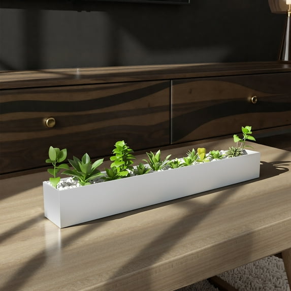 3.5"x3.25"x32" Planter Box with 4 Rubber Mats Trough Planter Pots Succulent Planters Window Sill Table Galvanized Steel Rectangle Durable for Small Herb with Drainage Hole Indoor Outdoor, White