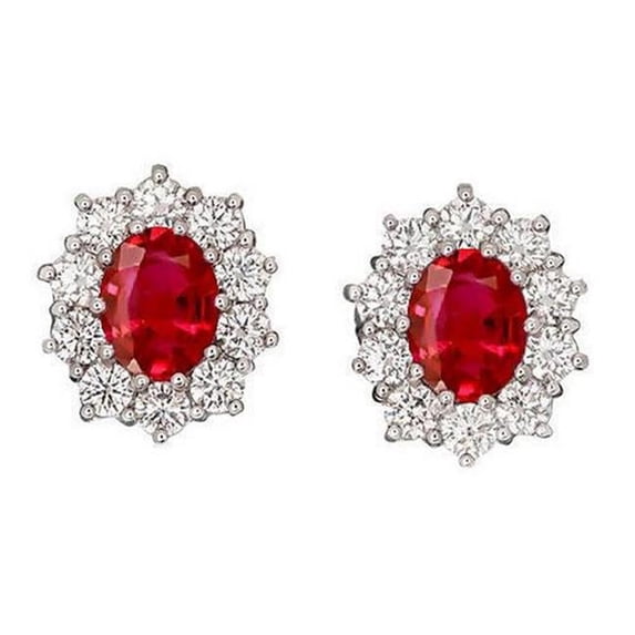 3.50 CT Oval Cut Red Ruby with Round Diamond Stud Halo Earring, Gold