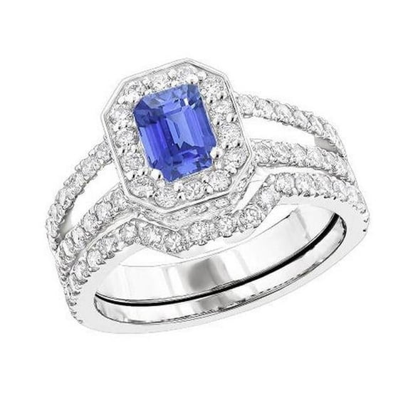 3.50 CT Pave Blue Sapphire Diamond Engagement Ring Set, Size 6.5