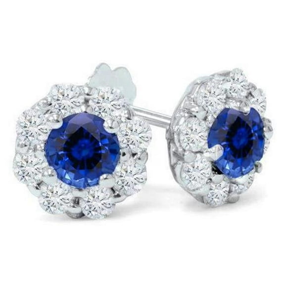 3.50 CT Round Ceylon Sapphire Diamond Stud Earrings, 14K White Gold