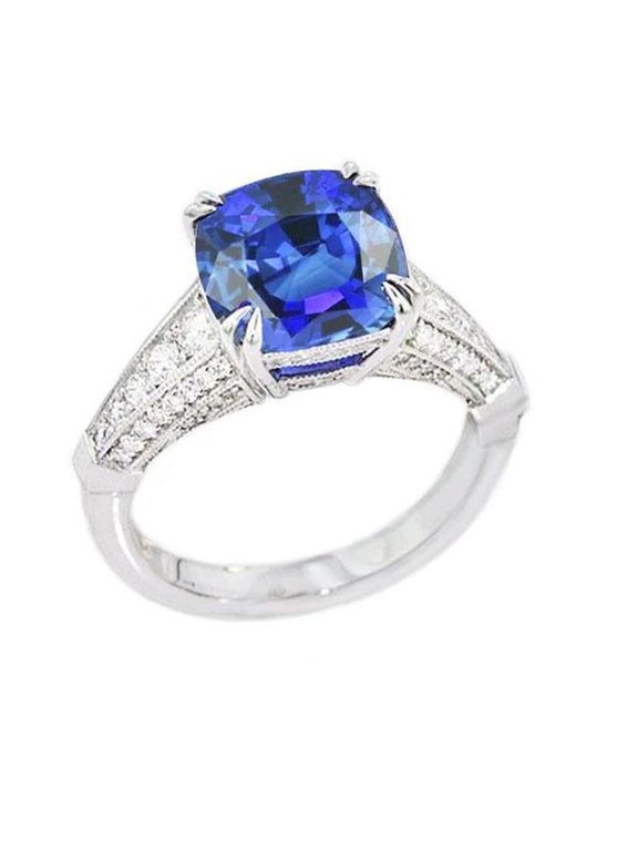 3.50 CT Round Diamond Cushion Ceylon Sapphire Ring, Gold - Size 6.5