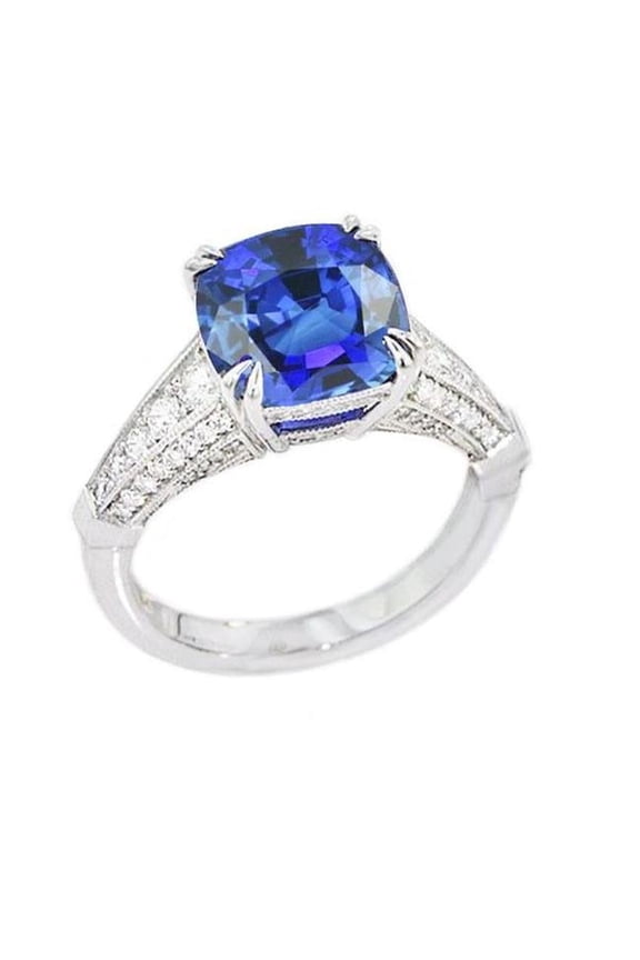 3.50 CT Round Diamond Cushion Ceylon Sapphire Ring, Gold - Size 6.5