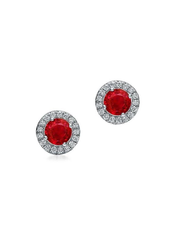 3.50 CT Round Lady Halo Red Ruby & Diamonds Stud Earrings