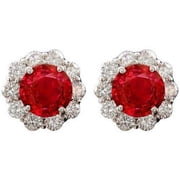 3.50 CT Round Red Ruby Halo Diamond Stud Womens Earrings