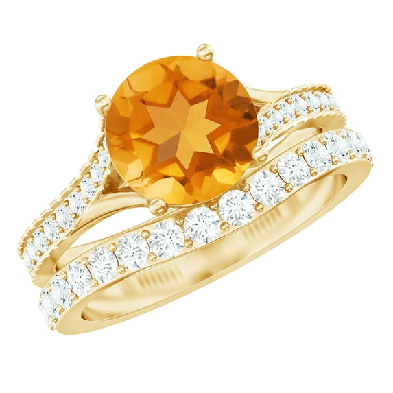 Rosec Jewels Citrine Wedding Bridal Ring Set for Women - 7 mm Round Citrine Engagement Ring with Wedding Band - AAA Quality, 10K Yellow Gold, US 5.00