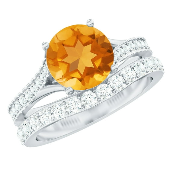 Rosec Jewels Citrine Wedding Bridal Ring Set for Women - 7 mm Round Citrine Engagement Ring with Wedding Band - AAA Quality, 925 Sterling Silver, US 4.00