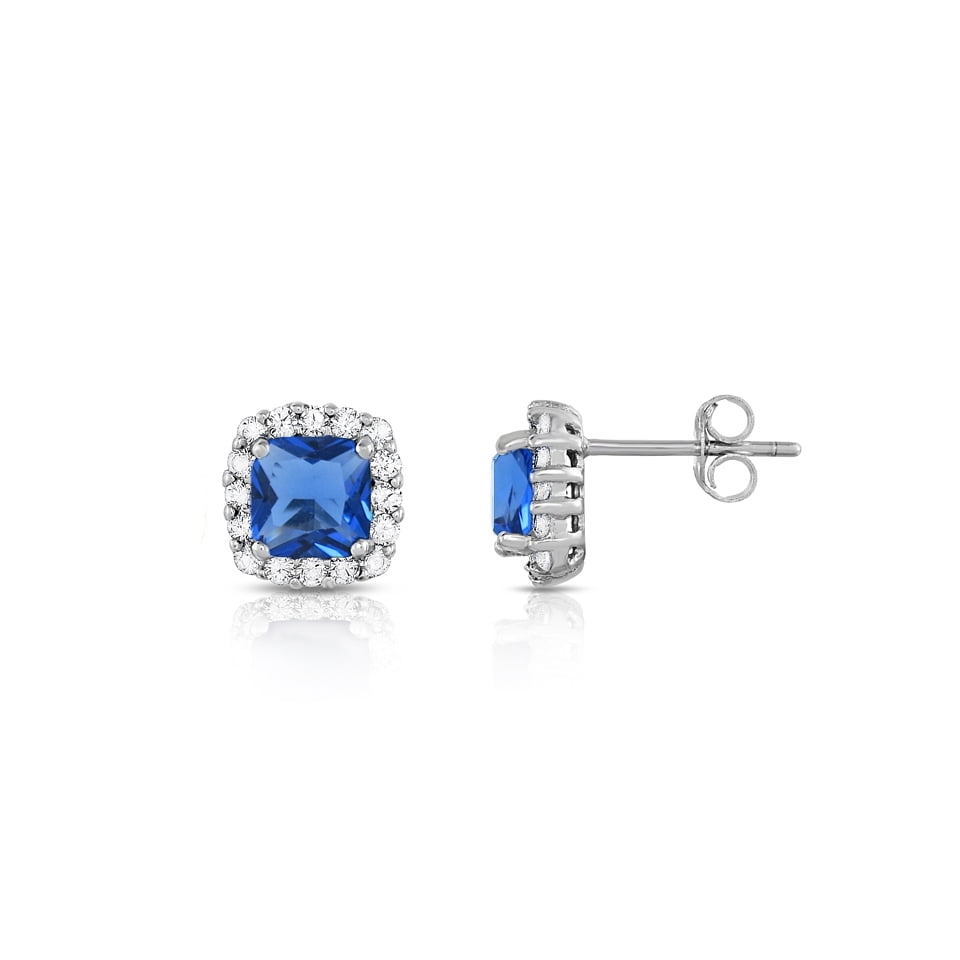 YEIDID INTERNATIONAL Tanzanite Princess Cut Halo Studs 3.50CTTW Sterling Silver Stud Earrings 925