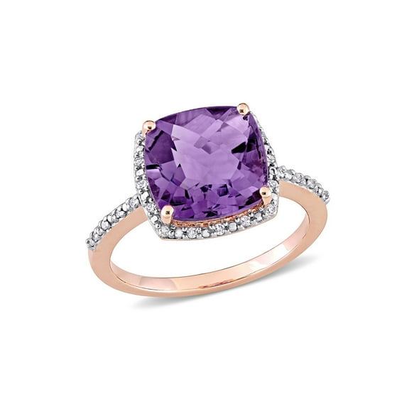 3.50 Carat (Ctw) Amethyst Cushion Cut Ring in 10K Rose Pink Gold with Diamonds
