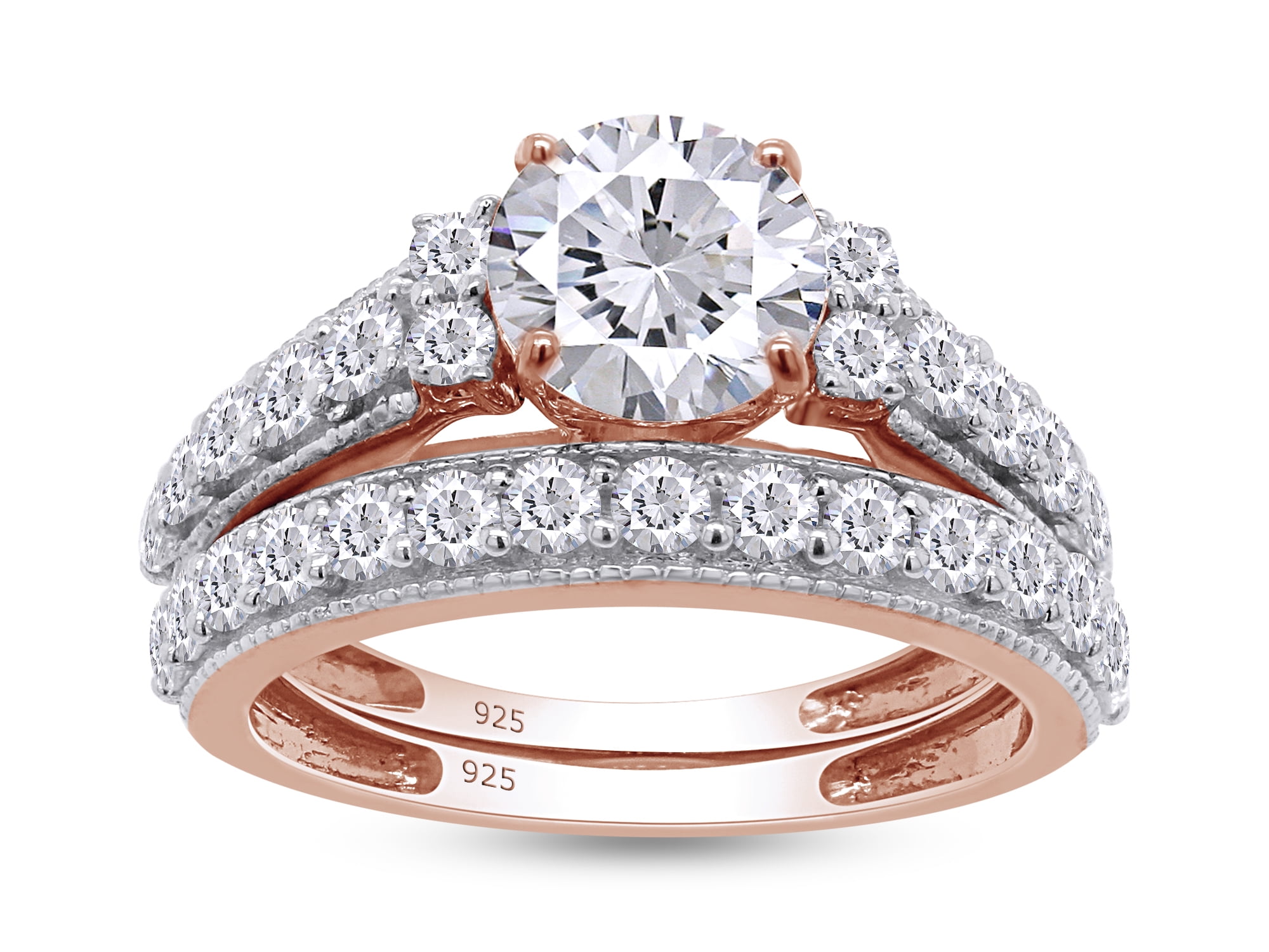 4 1/2 Carat Round Cut Sparkling White Cubic Zirconia Wedding Ring Set In  14k Rose Gold Over Sterling Silver (4.50 cttw) Ring Size-13.5