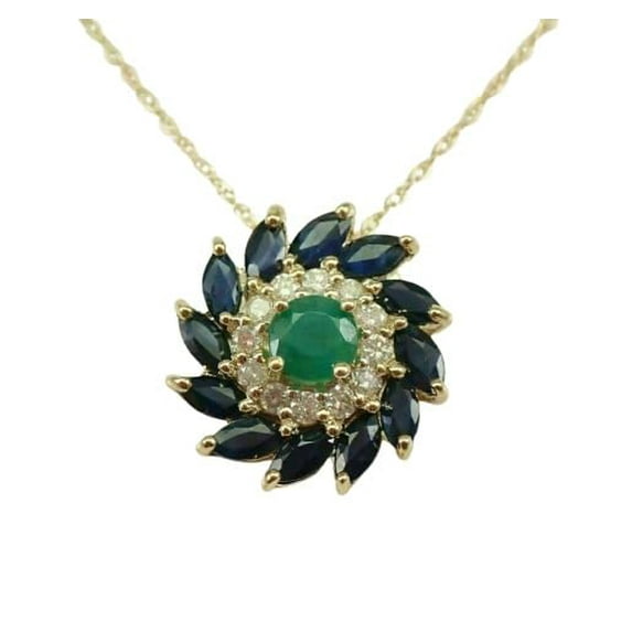 3.50Carat Round Shape Simulated Green Emerald, Blue Sapphire and White Diamond Spiral Floral Wedding Engagement Pendant in 14K Yellow Gold Plated 925 Sterling Silver Gift for Womens