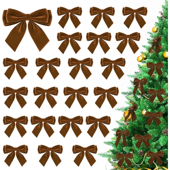 3.54×3.54Inch Christmas Velvet Bows, Vintage Velvet Ribbon Christmas Bows for Gift Wrappings, Xmas Tree Topper & Wedding Champagne Parties Christmas Decorations(Brown, 24Pcs)