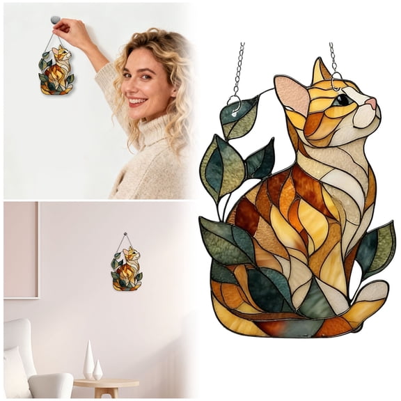 3.54'' Colorful Cat Window Hanging Suncatcher, 2D Acrylic Ginger Cat on Leaves Pendant, Whimsical Cat Mom Memorial Gift for Birthday Xmas, Cute Animal Ornament for Bedroom Living Room Decoration