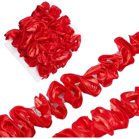 3.54 Inch 5 Yards Red 3D Pleated Wavy Chiffon Lace Satin Silk Trim Ruffle Edge Fabric Polyester Trimming Glossy Finish Ribbon for Sewing Making Cloth Wedding Decoration DIY Craft Supply Red