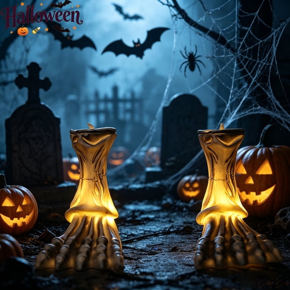 3.54 Inch Skeleton Foot Flameless LED Candle Light, Creepy Bone Shaped Electronic Candlestick, Halloween Decorations, Spooky Tabletop Ornament, Indoor Covered Outdoor Holiday Party Mantel Home Decor