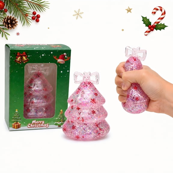 3.54" Pink Christmas Tree Squishy Decor, Glitter Gel Fidget Figure Soft Slow-Rising Holiday Gift in Window Box