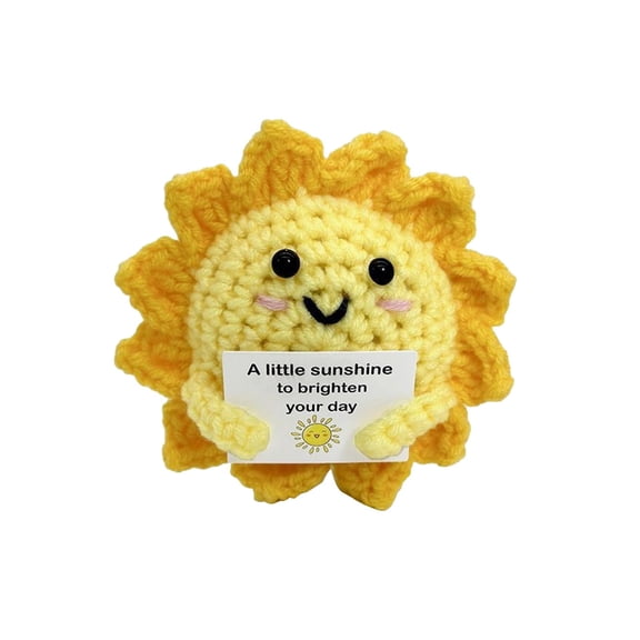 3.54in Handmade Crochet Sun Figurine Yarn Woven Decorative Doll Cute Positive Sunshine Statue for Desk Shelf Living Room Home Accent