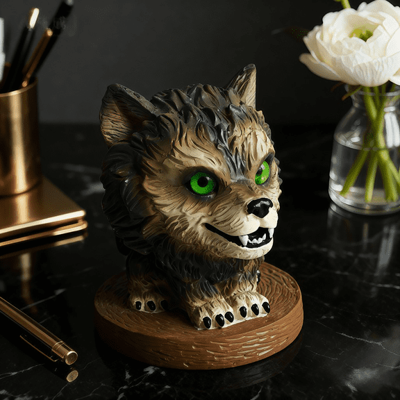 3.54in Werewolf Cub Resin Figurine with Glowing Green Eyes - Spooky Halloween & Gothic Home Decor Accent