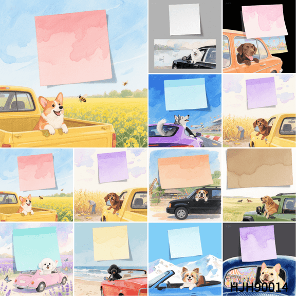 3.54x3.54 Inch Mini Message Cards: Dog Sticking Out of Car Window Theme - 100-Pack Note Cards with 100 Round Double-Sided Tapes, Delicate for Sensitive Feelings
