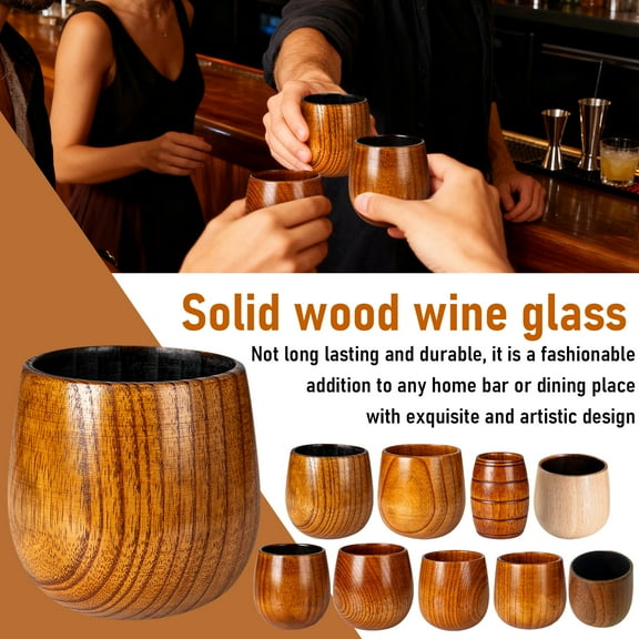 3.54x3.74Inch Solid Wood Big Belly Cup Enlarged Wine Glass Charcoal Grilled Universal Wooden Cup Nonscalding Tea Cup, 300ML Capacity 1-Pack, Ideal Gift For Coffee Tea Lovers Sturdy Comfortable
