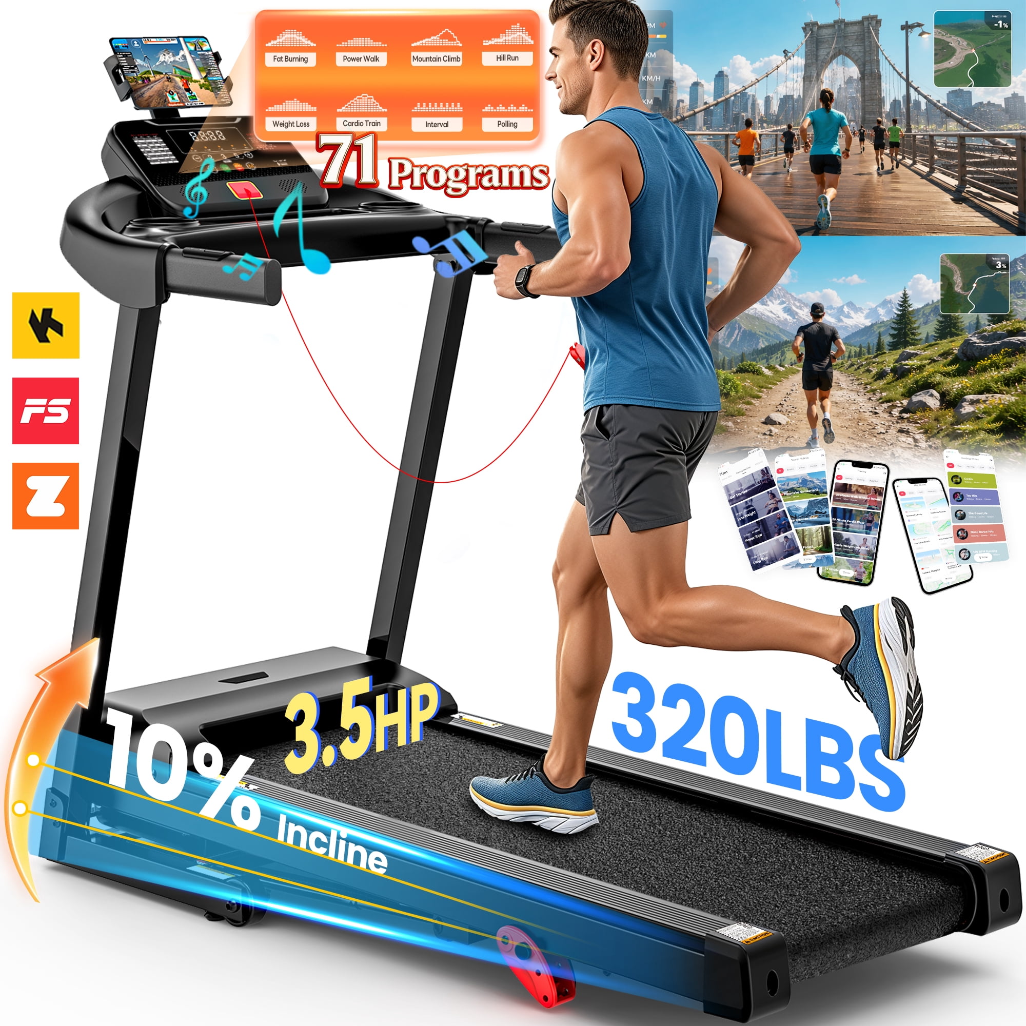 3.55HP Treadmill with 10% Incline 320lb Capacity, Foldable Home 7.5MPH Treadmill, 64+6+1 Smart Program, APP Control with Free Course, Jogging Walking Treadmill w/ Free Knee Pads