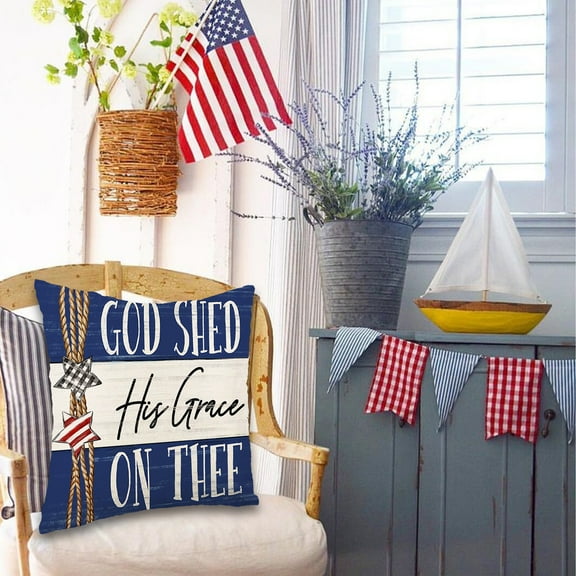 TOPRenddon 18"x18" Patriotic Star Pillow Cover - 4th of July Flag Decor for Indoor/Outdoor Use, Machine Washable Linen Cushion Cover (Multicolor)