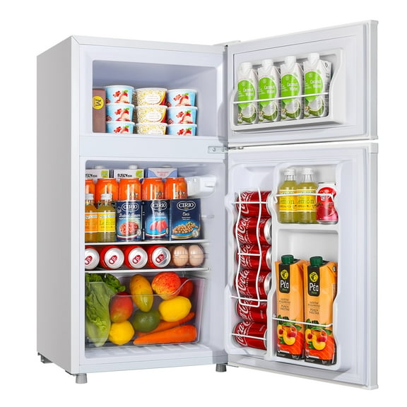 3.5Cu.ft Two Door Mini Fridge with Freezer,7 Adjustable Thermostat,17.9*17.5*34.7 inches,Apartment Size Refrigerator,White,New