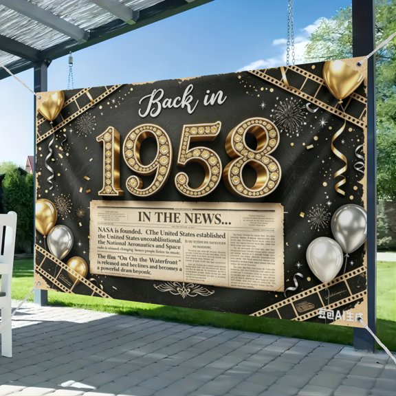 3*5FT Back in 1958 Birthday Decorations Banner,68th Birthday Party Backdrop Vintage Newspaper Film Photography Background 1958 Class Reunion Sign-Black Gold