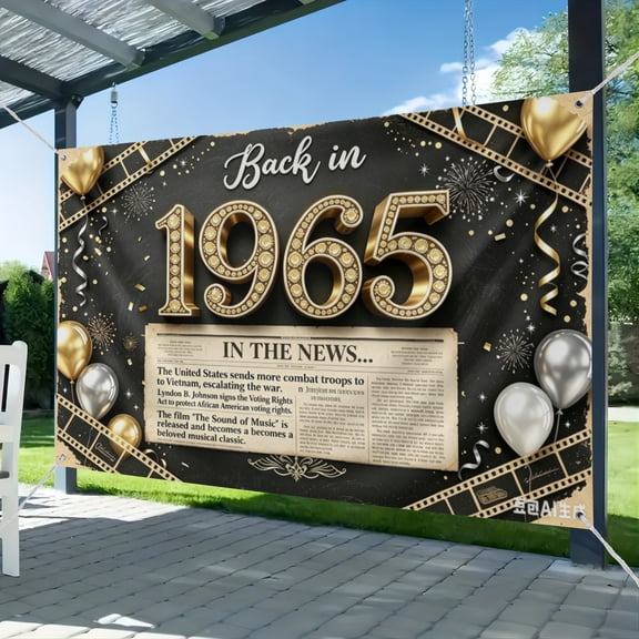 3*5FT Back in 1965 Birthday Decorations Banner,61st Birthday Party Backdrop Vintage Newspaper Film Photography Background 1965 Class Reunion Sign-Black Gold