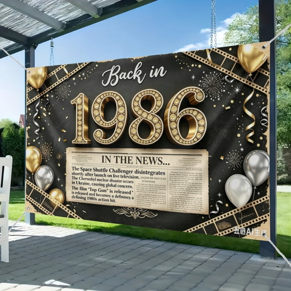 3*5FT Back in 1986 Birthday Decorations Banner,40th Birthday Party Backdrop Vintage Newspaper Film Photography Background 1986 Class Reunion Sign-Black Gold