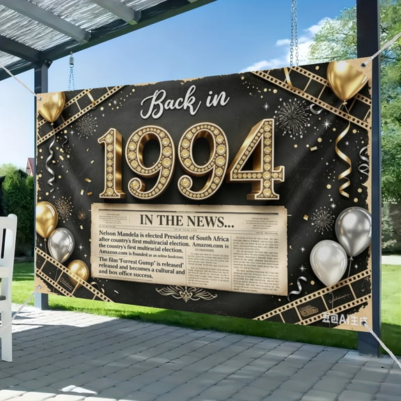 3*5FT Back in 1994 Birthday Decorations Banner,32nd Birthday Party Backdrop Vintage Newspaper Film Photography Background 1994 Class Reunion Sign-Black Gold