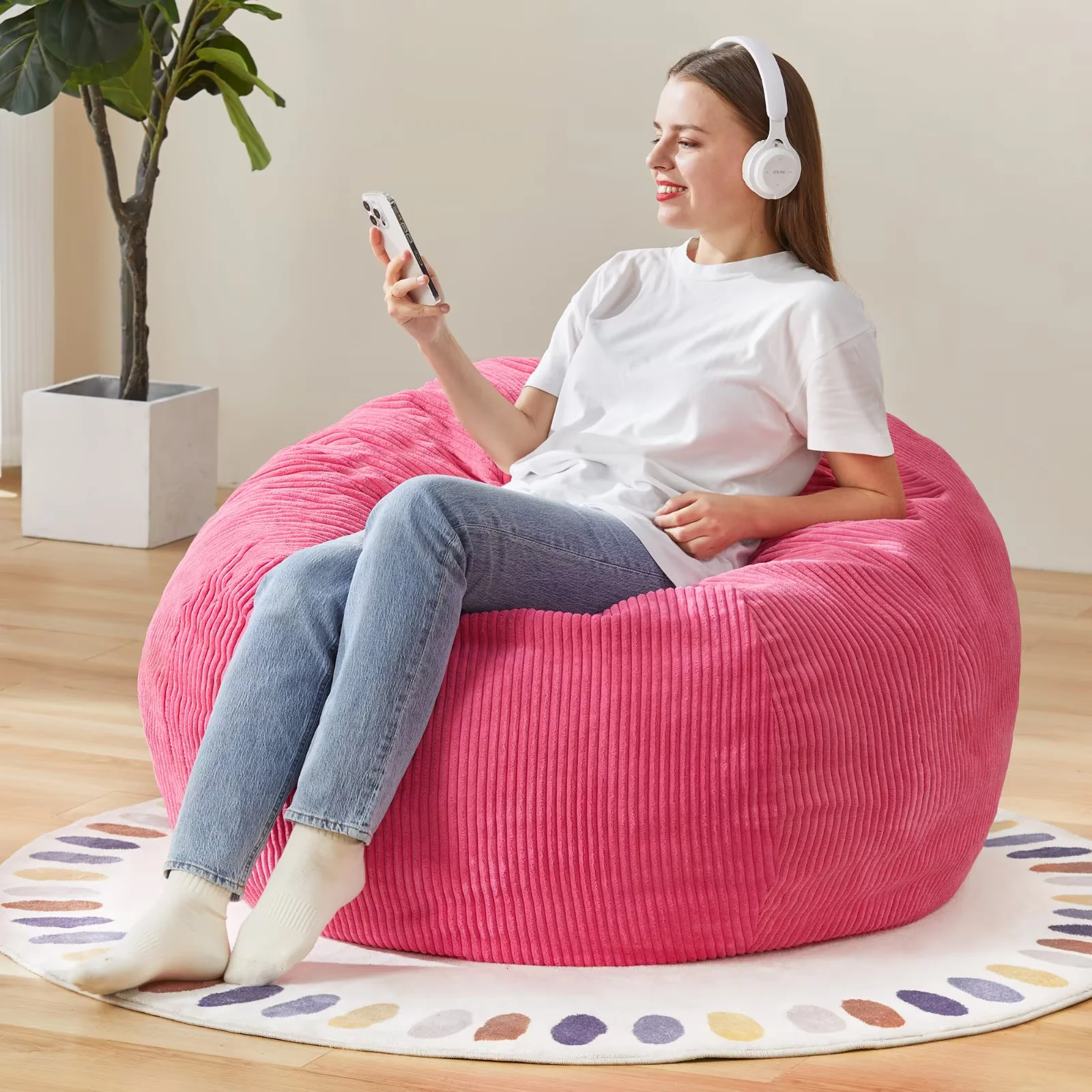 3.5FT Bean Bag Chair, Teardrop Large Bean Bag with Filler Included, Removable Cover for Bedroom Living Room, Pink